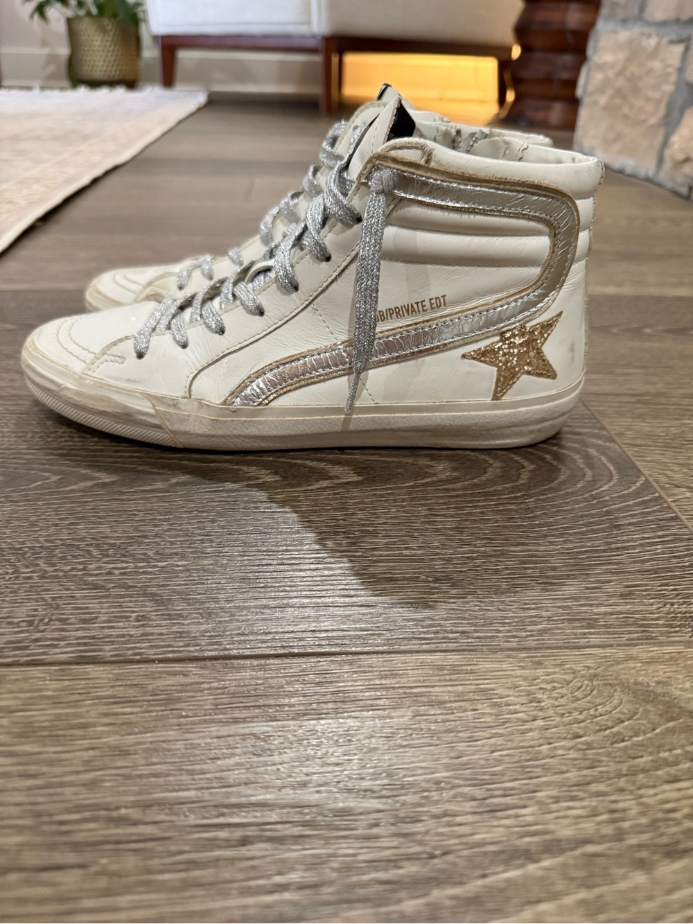 Golden Goose White High-Top Sneakers with Silver Glitter Laces
